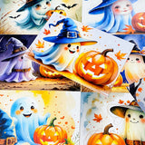kawaii pumpkin witch witches ghost ghosts cute cards postcard postcards uk stationery halloween bundle of 4 orange purple blue black and white glossy card set planner supplies spooky