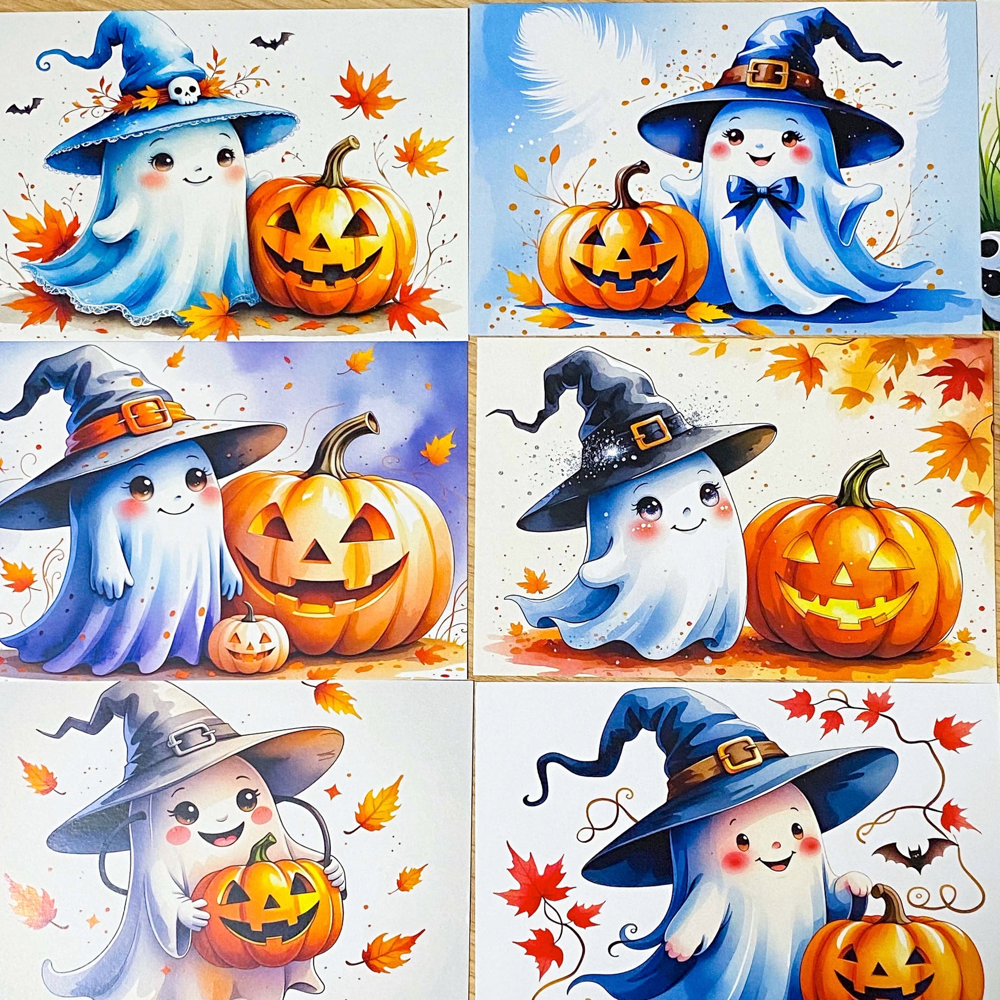 kawaii pumpkin witch witches ghost ghosts cute cards postcard postcards uk stationery halloween bundle of 4 orange purple blue black and white glossy card set planner supplies spooky