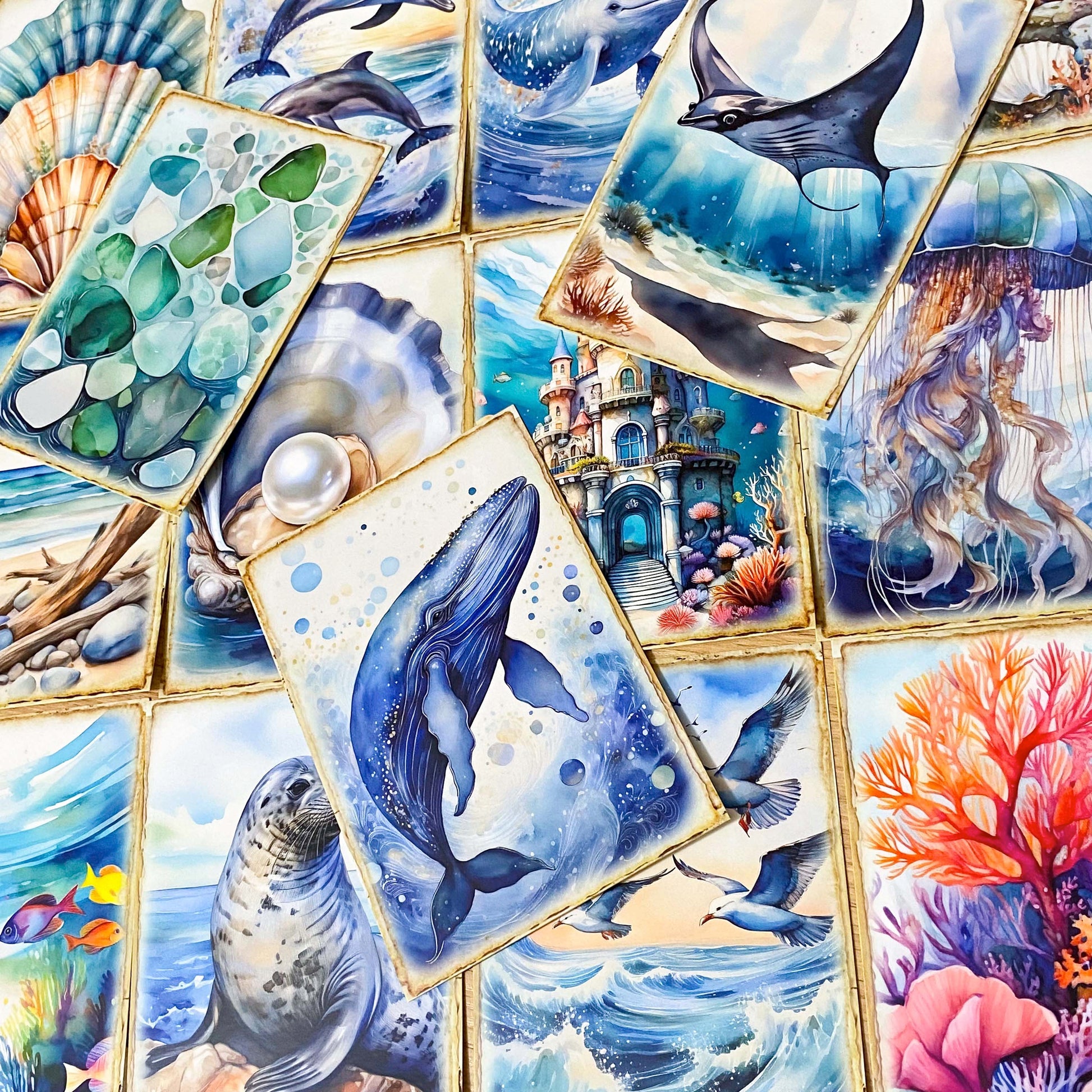 ocean and seashore shell animal sea life whale dolphin seal shells seaweed shell jellyfish marine cute kawaii pretty postcard postcards cards blank greetings uk stationery shop store supplies beach summer octopus fish