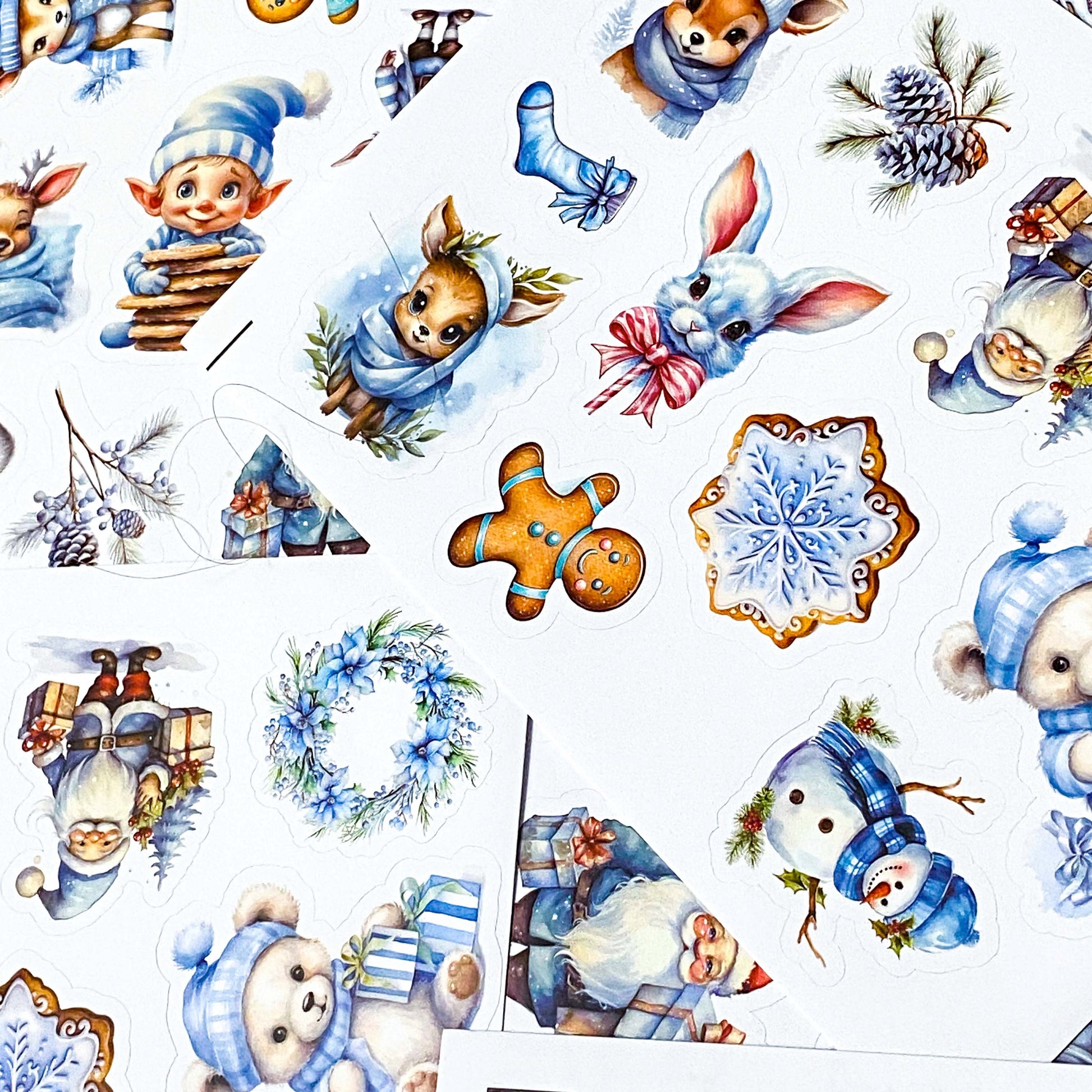 blue snowy christmas glossy sticker stickers sheet uk cute kawaii festive stationery shop store bargain utcracker elf gnome tree gingerbread man house cottage deer bunny blue cream brown pretty planner addict frosty