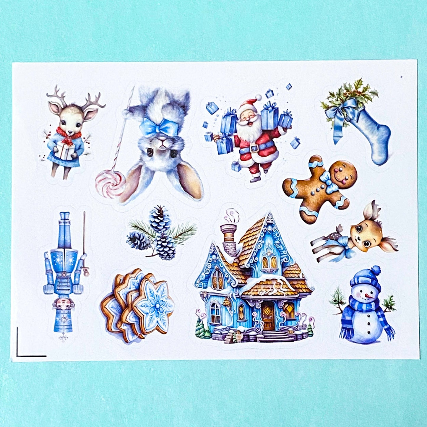 blue snowy christmas glossy sticker stickers sheet uk cute kawaii festive stationery shop store bargain utcracker elf gnome tree gingerbread man house cottage deer bunny blue cream brown pretty planner addict frosty