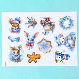 blue snowy christmas glossy sticker stickers sheet uk cute kawaii festive stationery shop store bargain utcracker elf gnome tree gingerbread man house cottage deer bunny blue cream brown pretty planner addict frosty