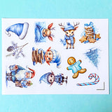 blue snowy christmas glossy sticker stickers sheet uk cute kawaii festive stationery shop store bargain utcracker elf gnome tree gingerbread man house cottage deer bunny blue cream brown pretty planner addict frosty