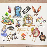 alice in wonderland cute kawaii clear plastic sticker stickers flake flakes pack tale of blue door rabbit white bunny key kets drink me eat me cake potion bottle window mushroom  toadstool table uk stationery planner addict supplies big large clear plastic pet pvc die cut cuts