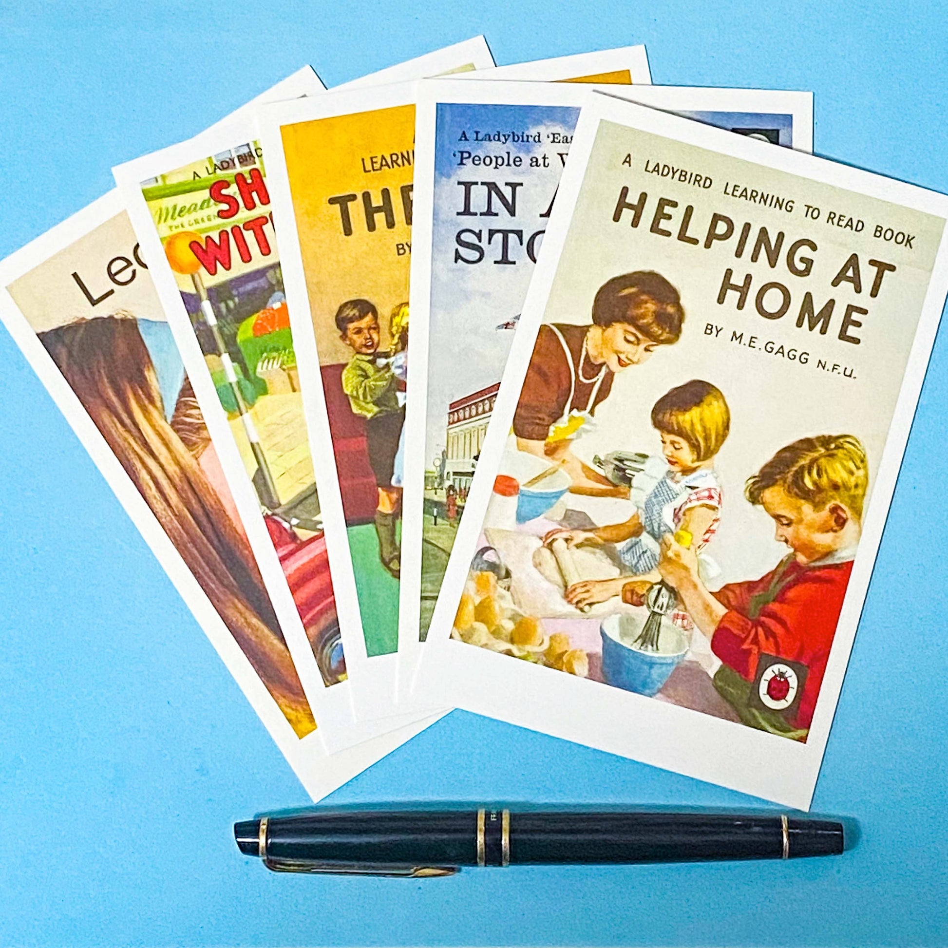 vintage ladybird book cover postcards set with nostalgic learning with mother illustrations
