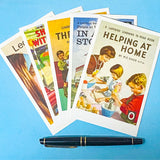 vintage ladybird book cover postcards set with nostalgic learning with mother illustrations