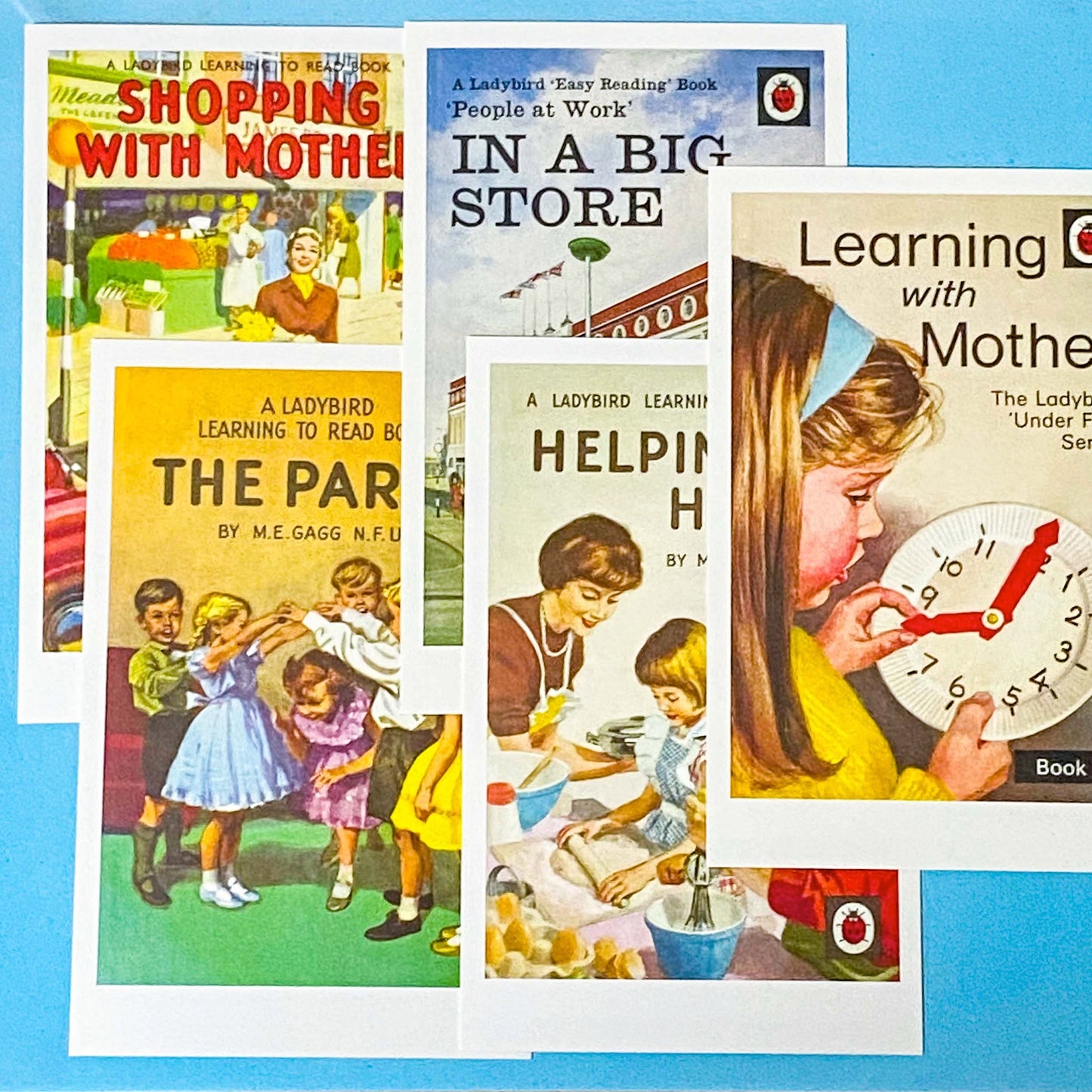 set of 5 vintage ladybird book covers about learning with mother and simple stories