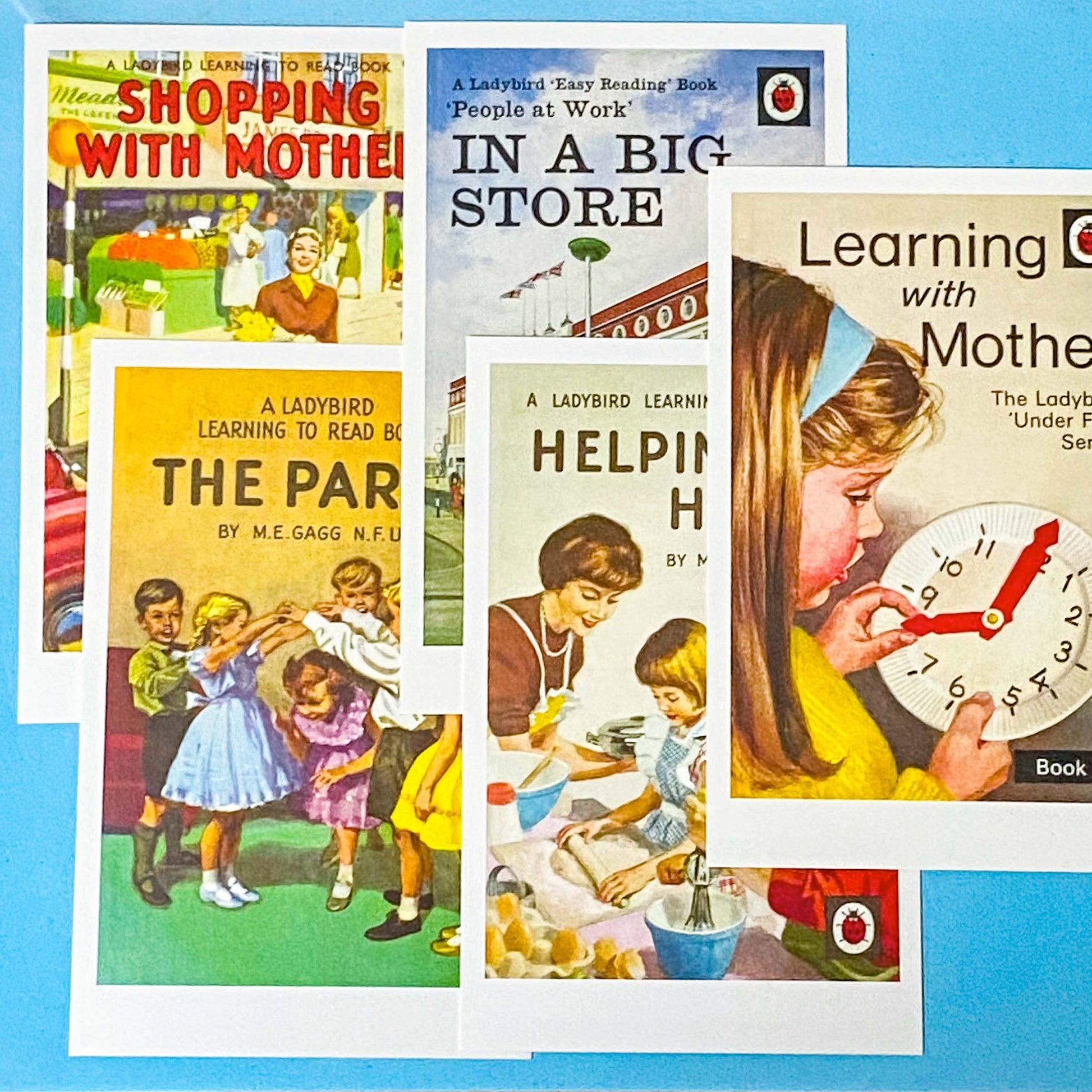 set of 5 vintage ladybird book covers about learning with mother and simple stories