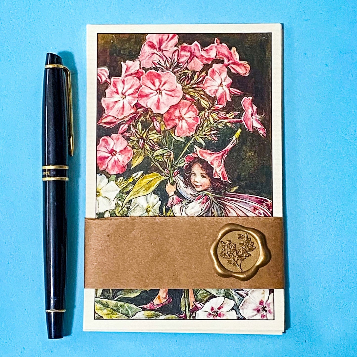 vintage flower fairy postcard set wrapped with a kraft belly band and wax seal featuring pink phlox fairy illustration