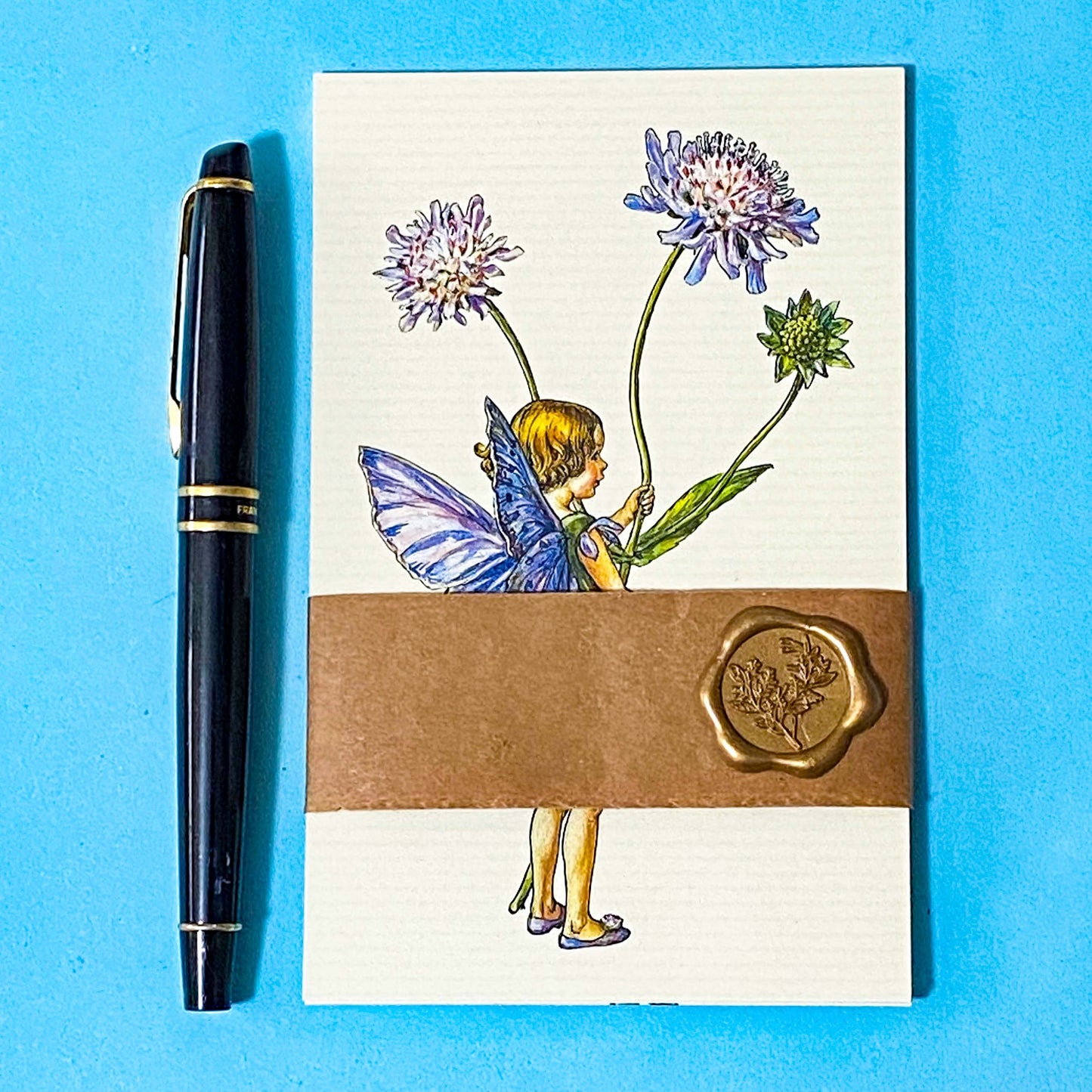 vintage flower fairy postcard set wrapped with kraft belly band and wax seal featuring scabious fairy illustration