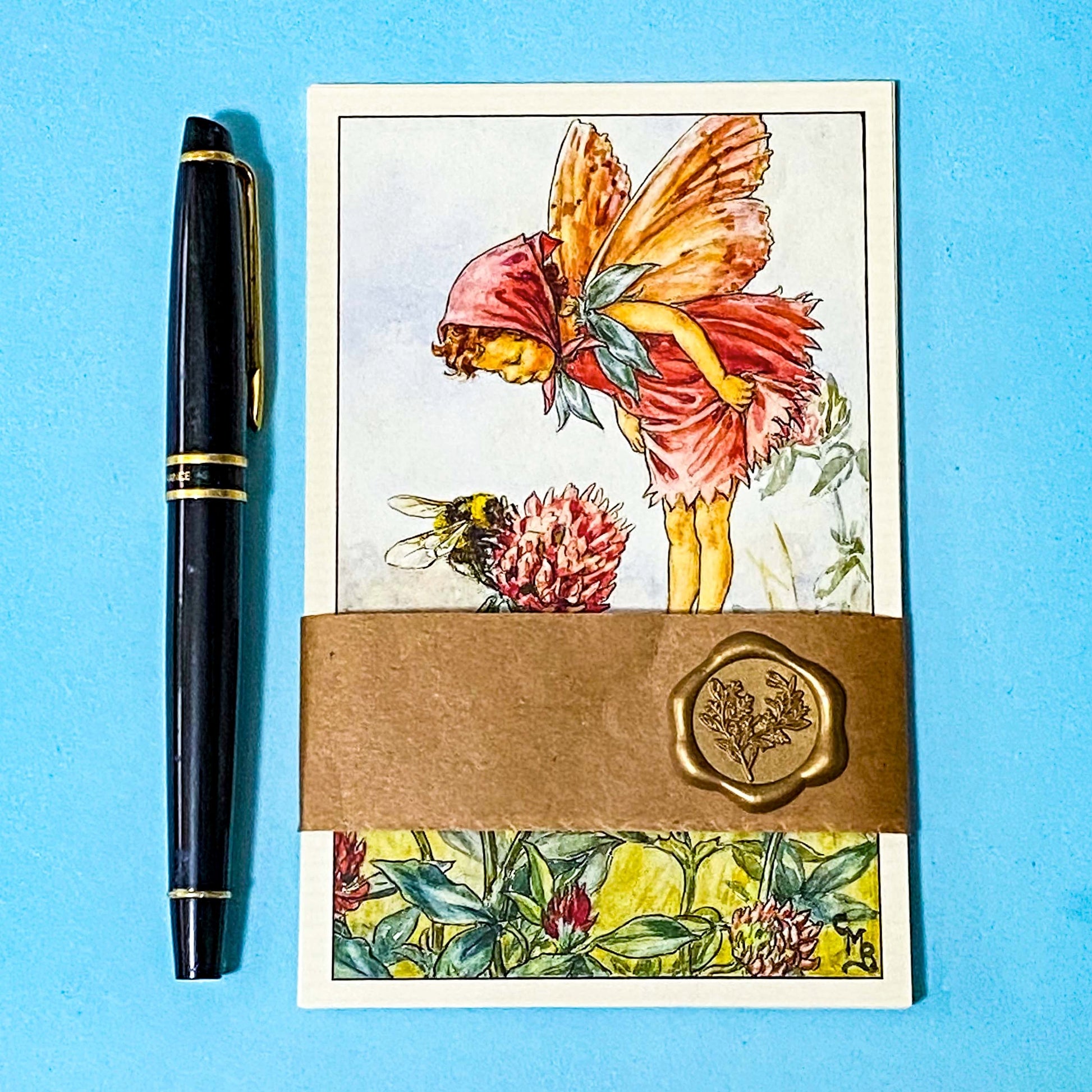 set of 5 vintage flower fairy postcards wrapped with a kraft belly band and a wax seal