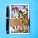 set of 5 flower fairy postcards in a kraft band with a wax seal on a blue background