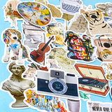 vintage antique objects laptop stickers pack of 50 including statue, violin, letters, clock, dog, typewriter