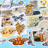 vintage laptop stickers set of 50 with old newspapers, letters, typewriter, moth, dog, bunny journal and flower
