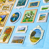 sticker sheet with Collection of miniature paintings in various frames on a blue background