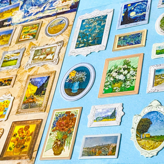 mini framed famous painting stickers with 3d frames on a blue background