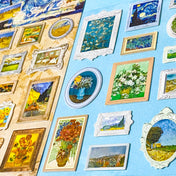 mini framed famous painting stickers with 3d frames on a blue background