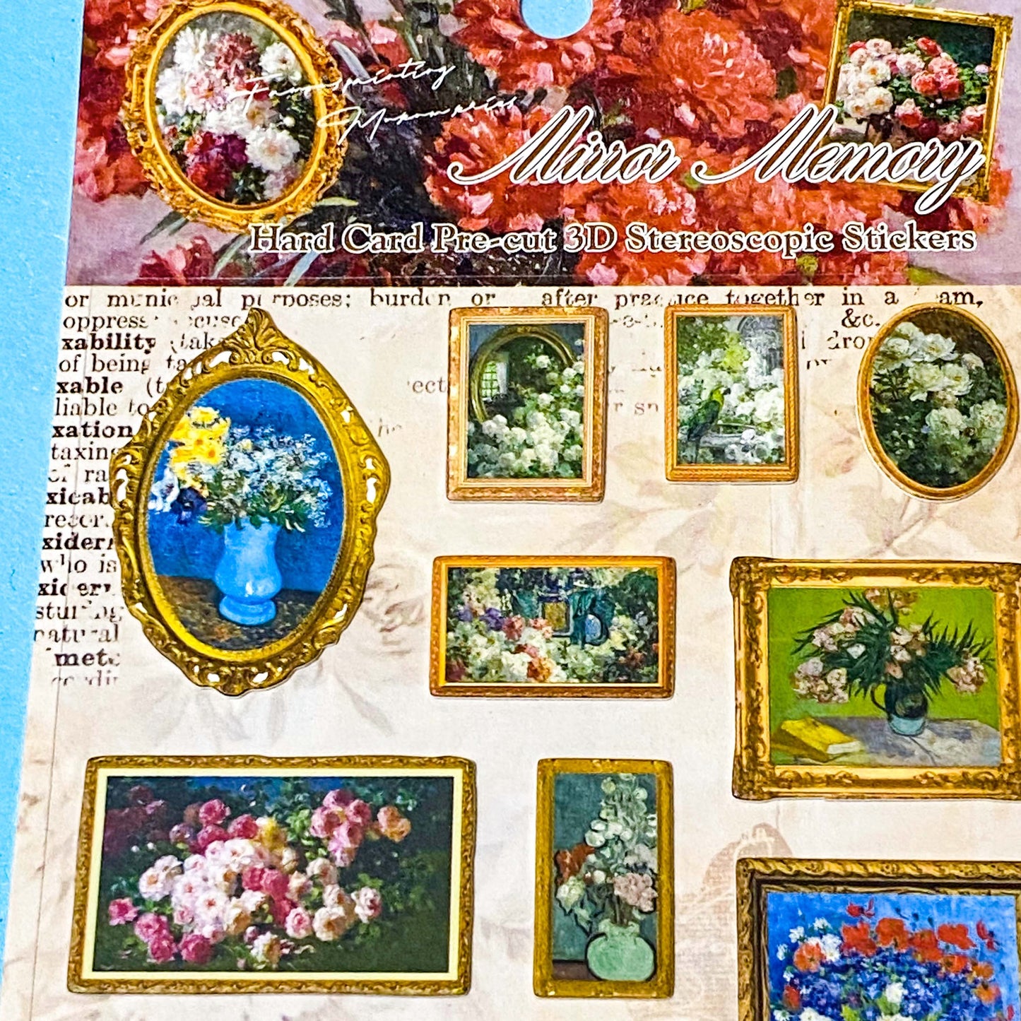 Sticker pack with floral oil painting designs and decorative frames on a textured background