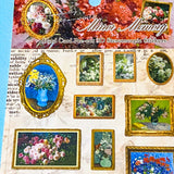 Sticker pack with floral oil painting designs and decorative frames on a textured background