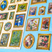 Collection of framed paintings of flowers stickers on a blue and beige background