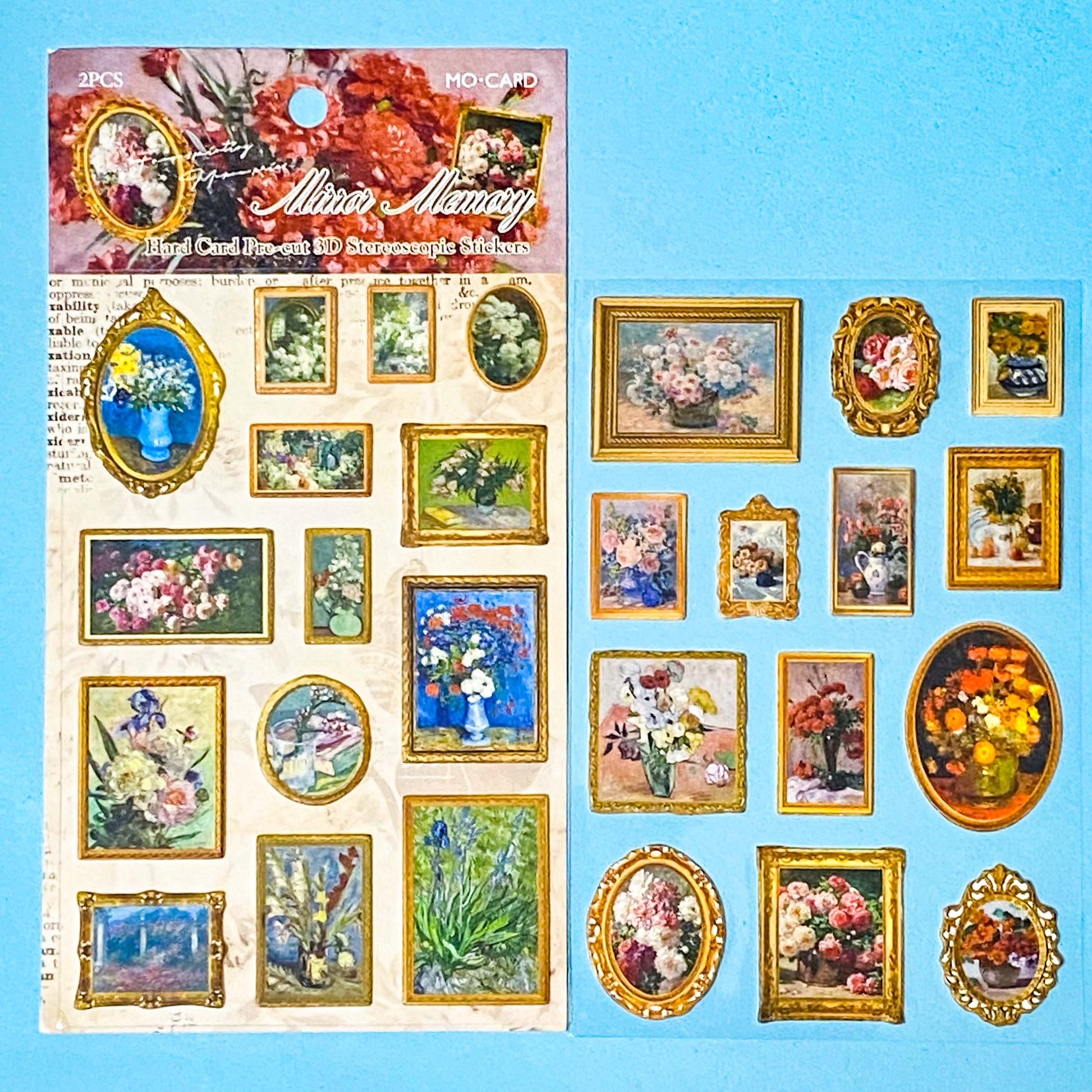 famous paintings of flowers as framed art stickers with raised frames on a blue background