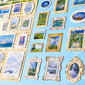 impressionist painting stickers with raised 3d frames on clear sheet of plastic