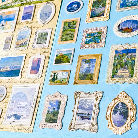 impressionist painting stickers with raised 3d frames on clear sheet of plastic