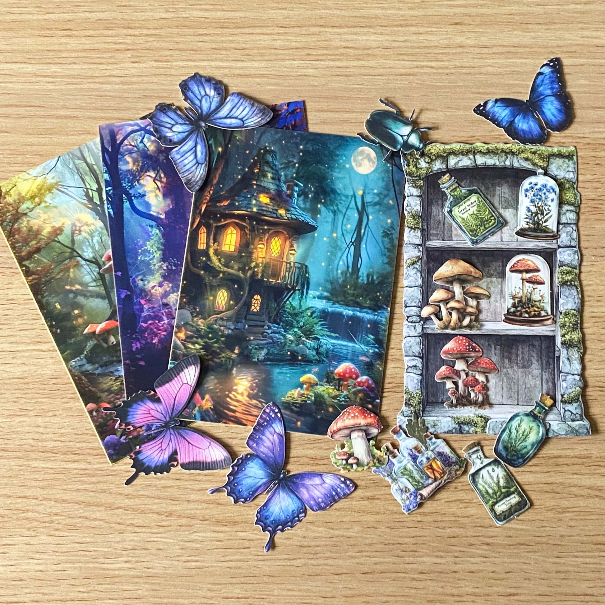 woodland stationery bundle with postcards, botanical bookmarks, butterfly and insect ephemera and cabinet card die cut