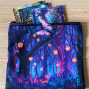 moonlit forest gift set with illustrated magical woodland pouch, butterfly stickers and cottage postcards in deep blue and purple tones