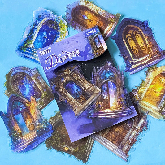 hidden worlds dreamgate fantasy portal large clear sticker pack with ornate doors, glowing entrances and magical celestial scenes