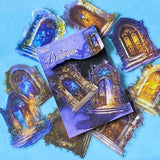 hidden worlds dreamgate fantasy portal large clear sticker pack with ornate doors, glowing entrances and magical celestial scenes