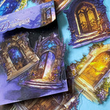 hidden worlds dreamgate fantasy portal large clear sticker pack with ornate doors, glowing entrances and magical celestial scenes