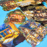 hidden worlds amberlight tavern cosy fantasy large plastic stickers set with candlelit rooms, woodland cottages and warm glowing tavern scenes