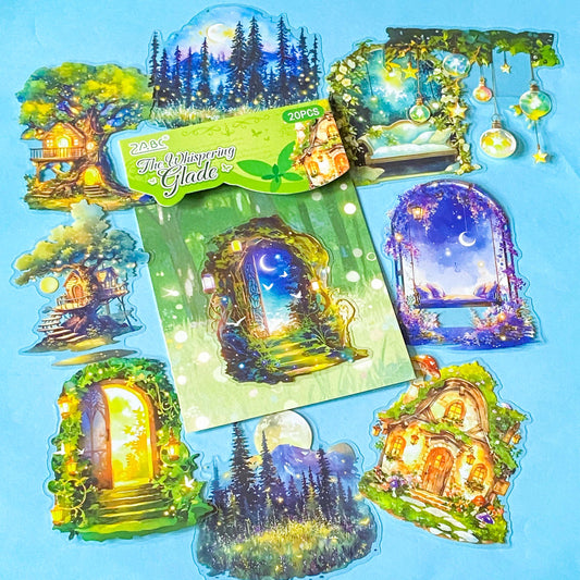 hidden worlds whispering glade enchanted forest clear sticker set with magical woodland doors, windows and glowing cottage scenes
