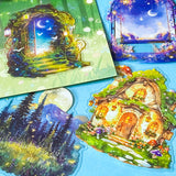 hidden worlds whispering glade enchanted forest clear sticker set with magical woodland doors, windows and glowing cottage scenes