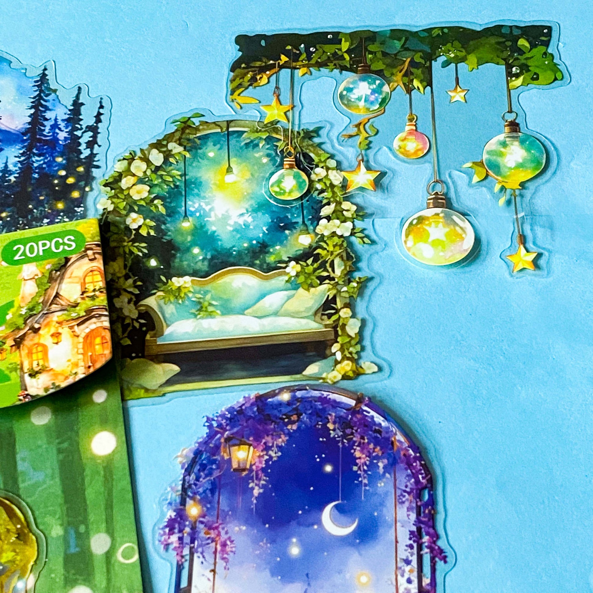 hidden worlds whispering glade enchanted forest clear sticker set with magical woodland doors, windows and glowing cottage scenes