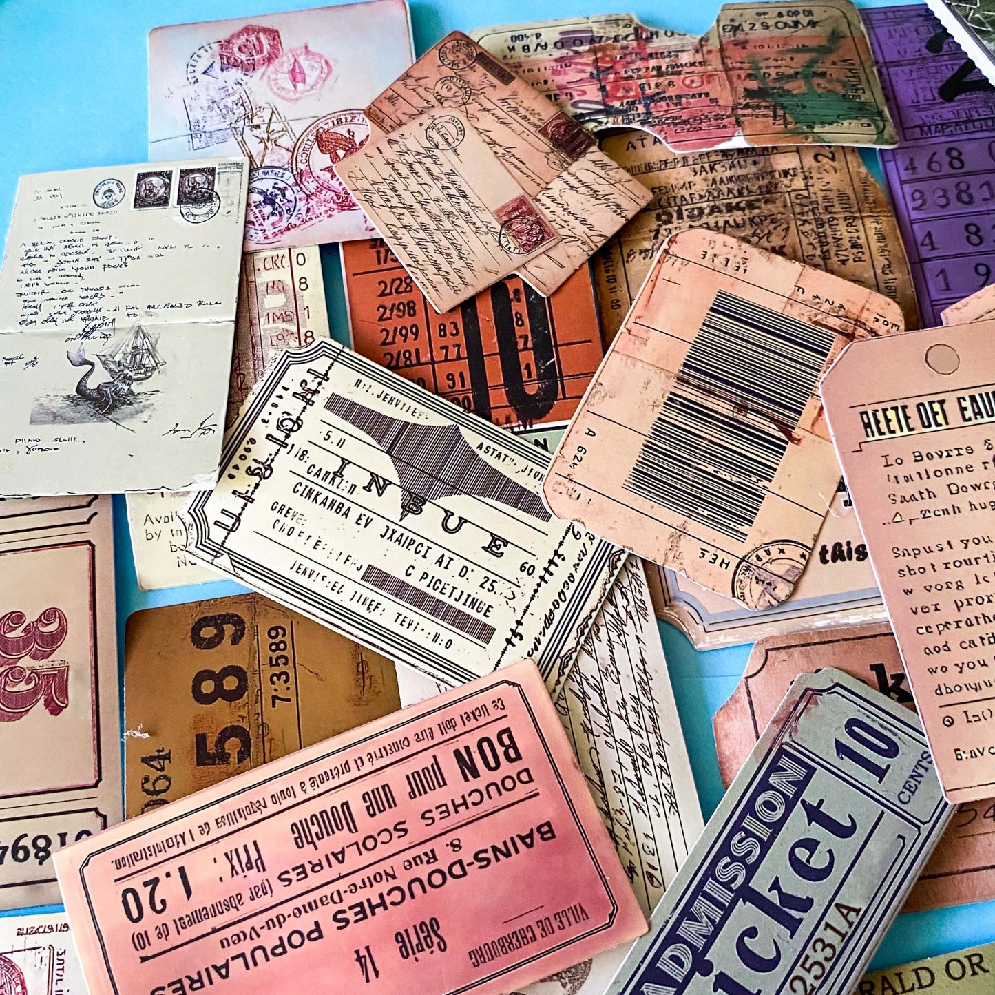 vintage ticket sticker set with travel labels, stamps and ephemera, collage designs, satin finish journaling stickers