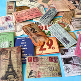 vintage ticket sticker set with travel labels, stamps and ephemera, collage designs, satin finish journaling stickers