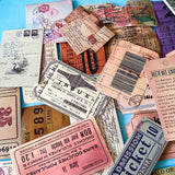 vintage ticket sticker set with travel labels, stamps and ephemera, collage designs, satin finish journaling stickers