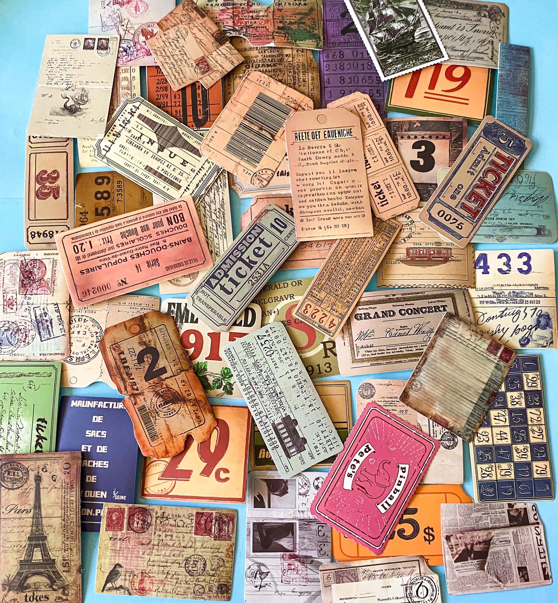 vintage ticket sticker set with travel labels, stamps and ephemera, collage designs, satin finish journaling stickers