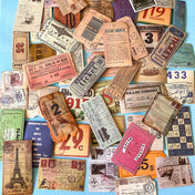 vintage ticket sticker set with travel labels, stamps and ephemera, collage designs, satin finish journaling stickers
