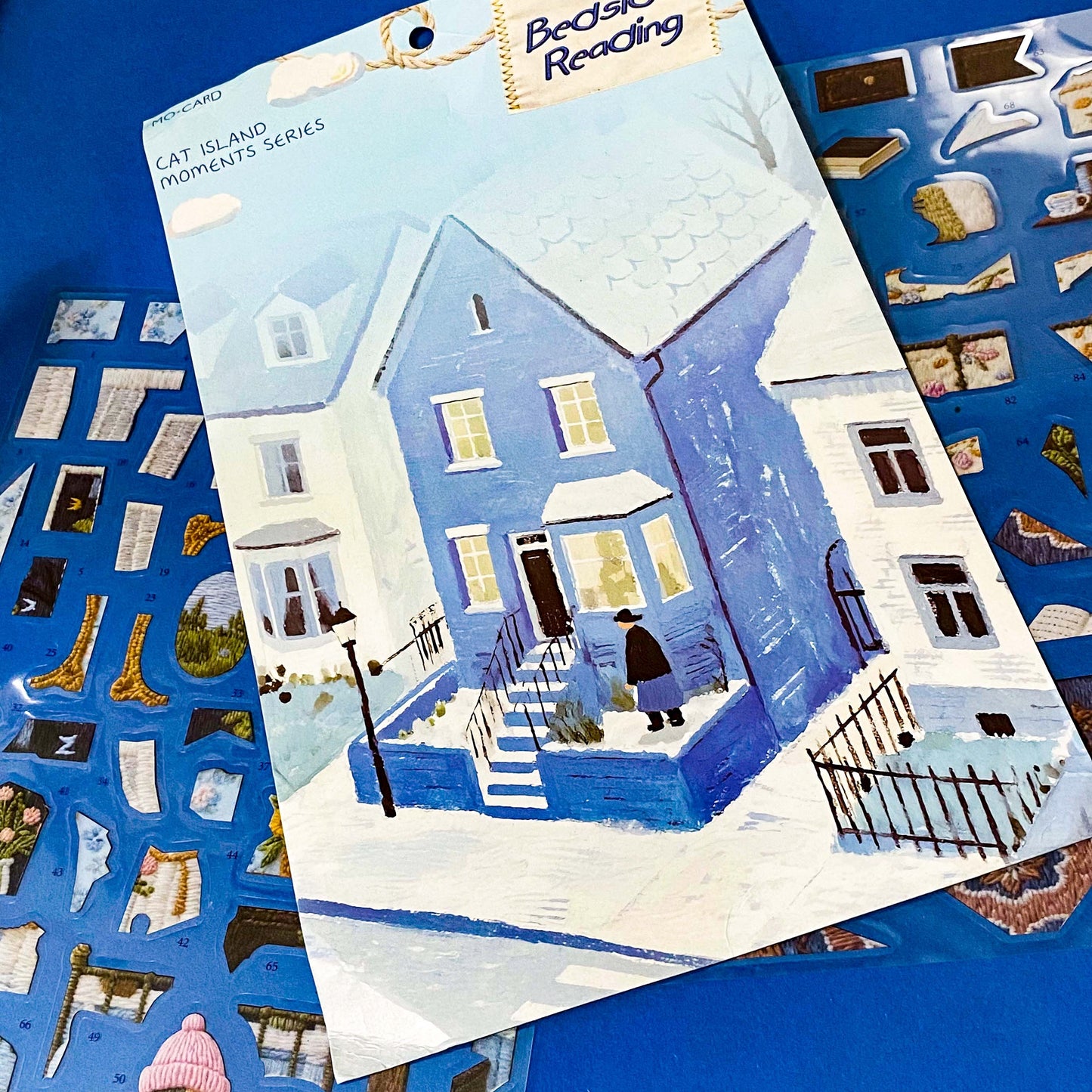 Bedside reading cat mosaic sticker kit with stitched effect PET stickers, numbered backing board and cosy bedroom aesthetic. uk letterbox gifts.