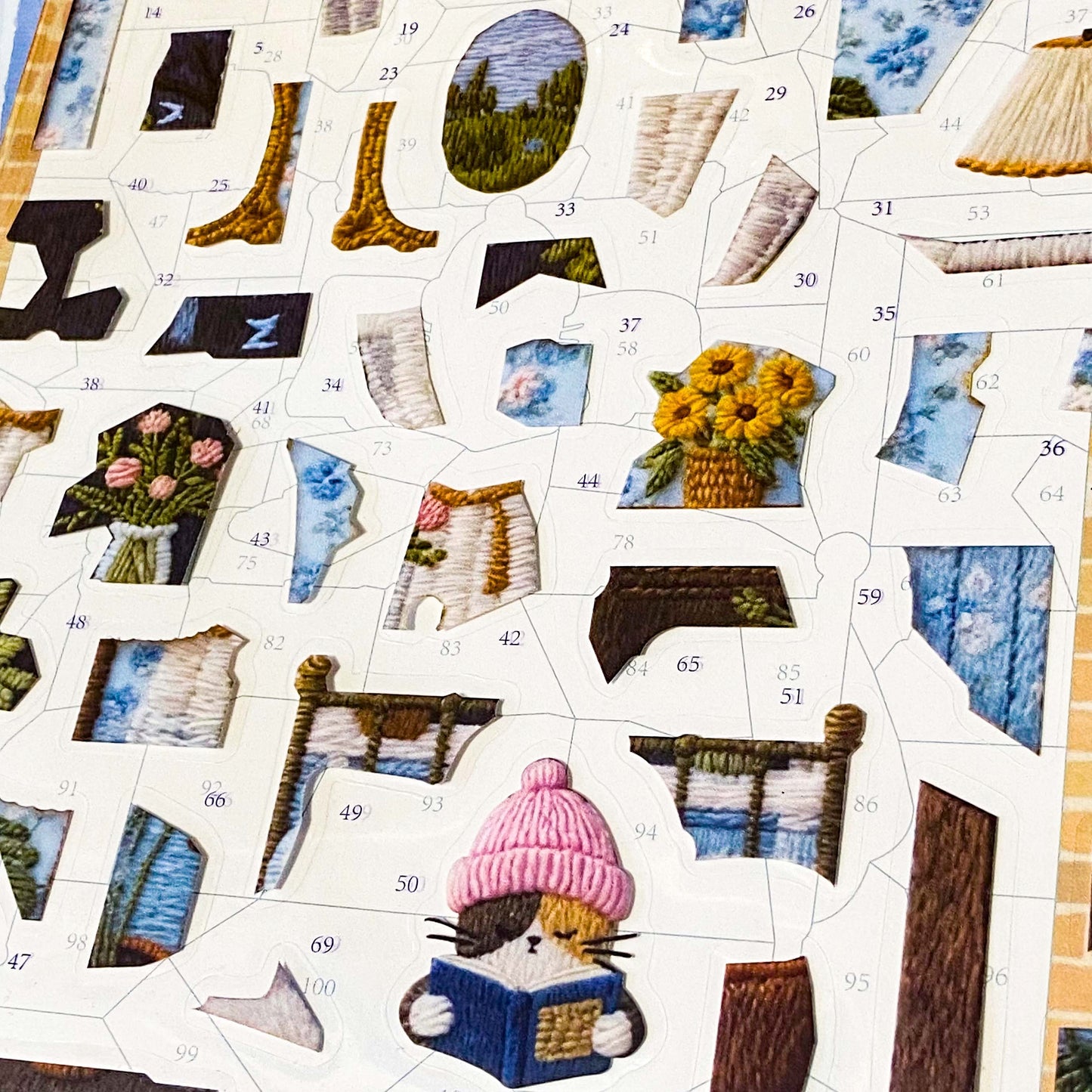 Bedside reading cat mosaic sticker kit with stitched effect PET stickers, numbered backing board and cosy bedroom aesthetic. uk letterbox gifts.