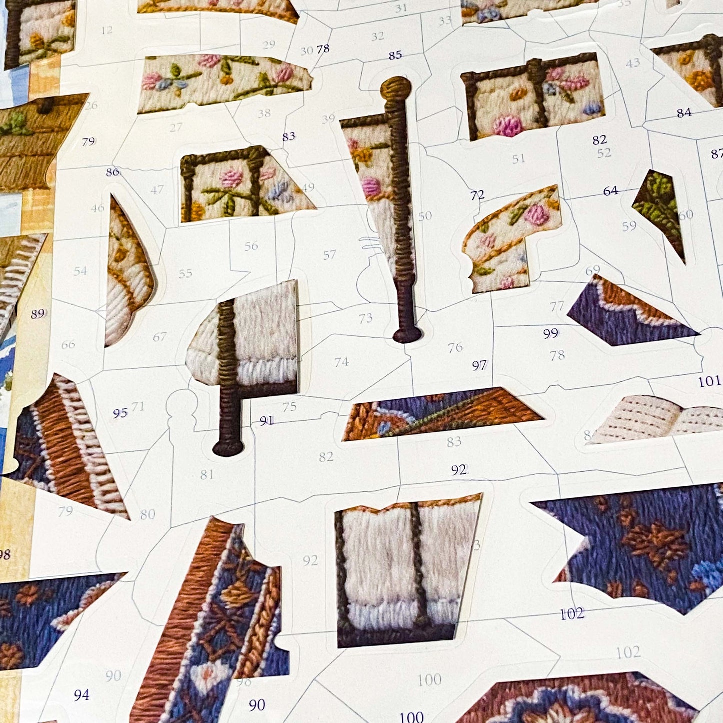 Bedside reading cat mosaic sticker kit with stitched effect PET stickers, numbered backing board and cosy bedroom aesthetic. uk letterbox gifts.