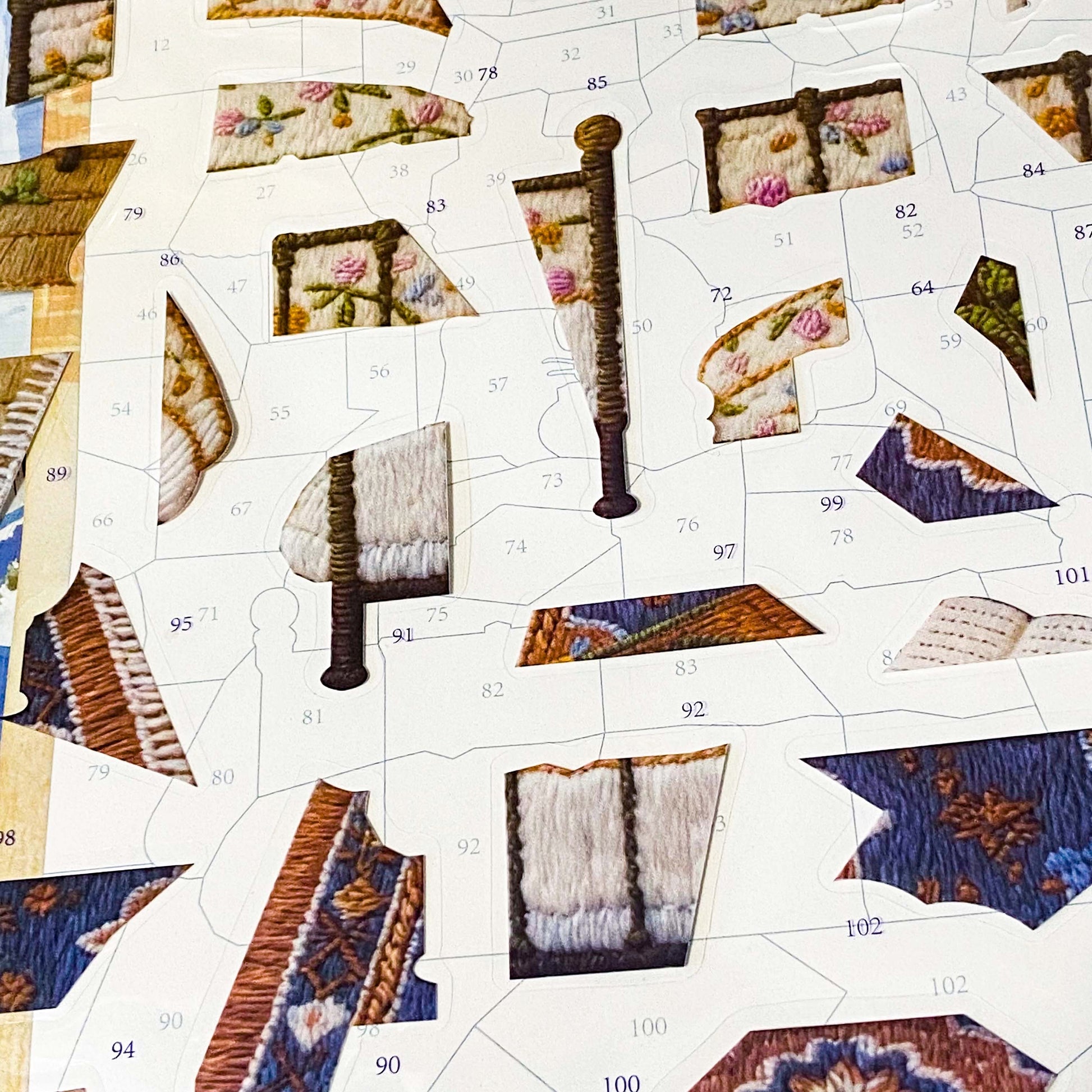 Bedside reading cat mosaic sticker kit with stitched effect PET stickers, numbered backing board and cosy bedroom aesthetic. uk letterbox gifts.