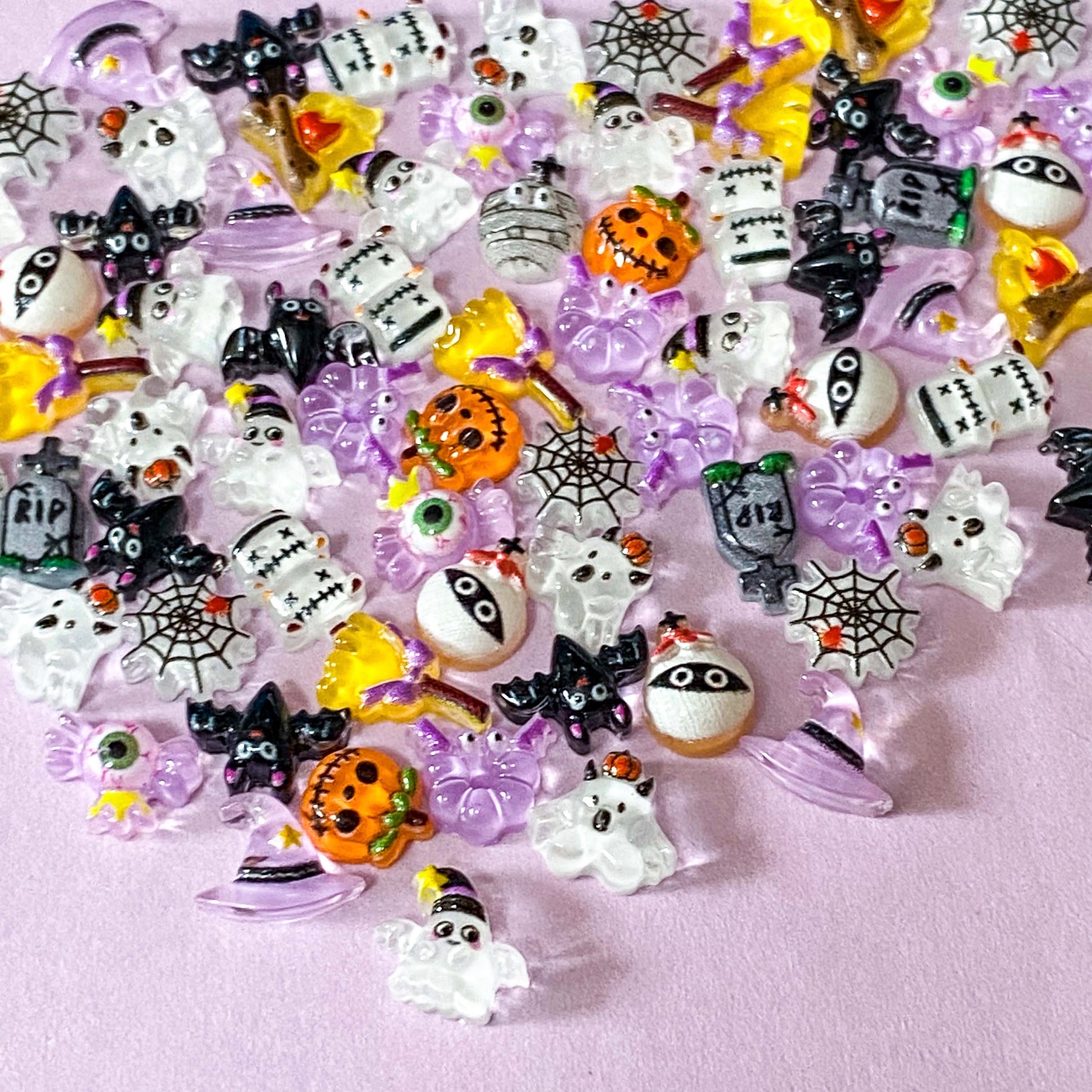 mini tiny little halloween spooky flatback flat back fb fbs flatbacks uk cute kawaii craft supplies shop store 7mm 8mm 9mm 10mm acrylic resin embellishments spider pumpkin ghost rip bat fire mask 
