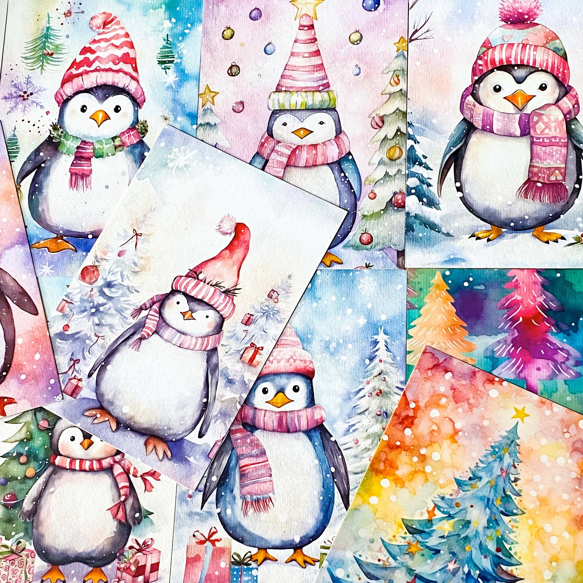 christmas festive winter snow snowy postcard postcards post card cards blank stationery planner addict penguin penguins fir tree trees pretty colourful set of 3 pack uk cute kawaii 