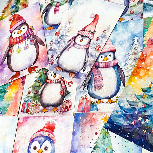 christmas festive winter snow snowy postcard postcards post card cards blank stationery planner addict penguin penguins fir tree trees pretty colourful set of 3 pack uk cute kawaii 