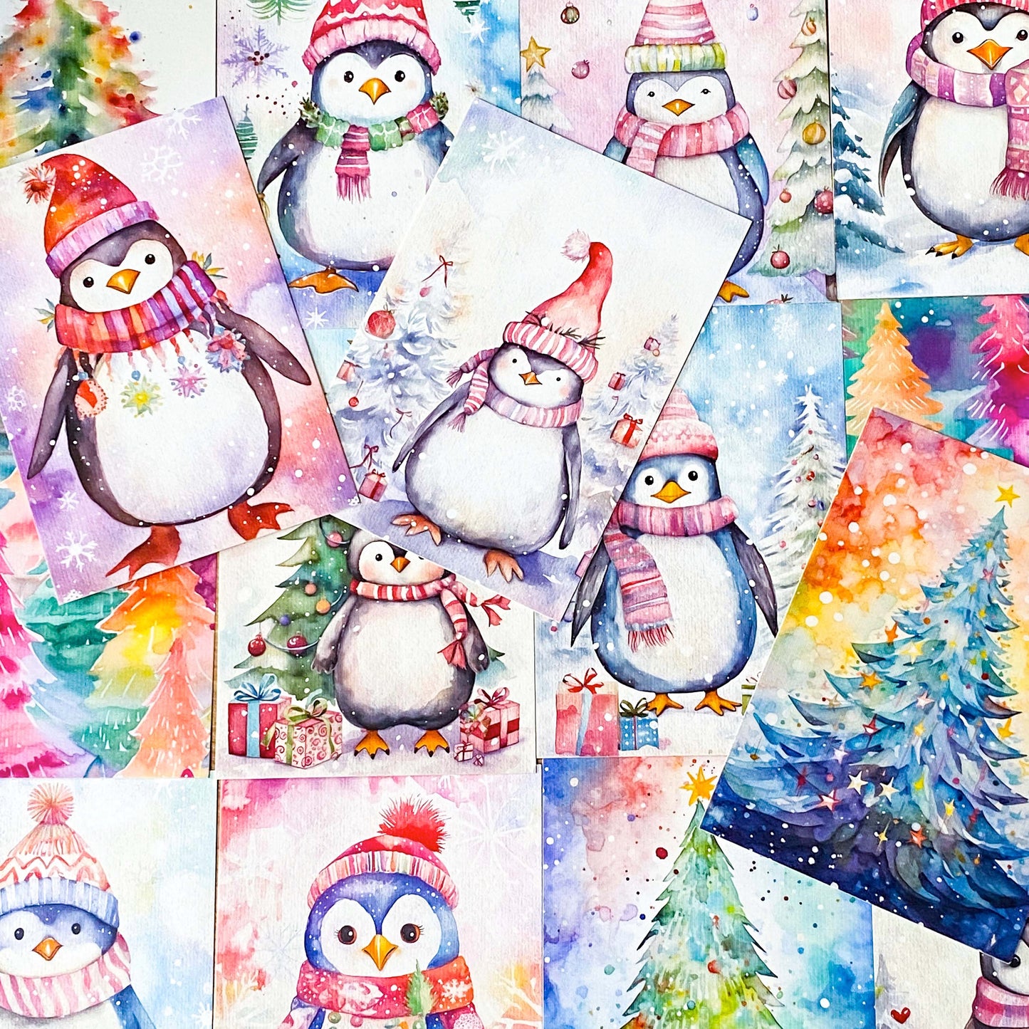 christmas festive winter snow snowy postcard postcards post card cards blank stationery planner addict penguin penguins fir tree trees pretty colourful set of 3 pack uk cute kawaii 