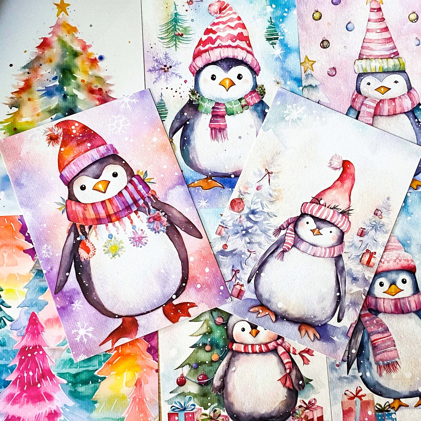 christmas festive winter snow snowy postcard postcards post card cards blank stationery planner addict penguin penguins fir tree trees pretty colourful set of 3 pack uk cute kawaii 